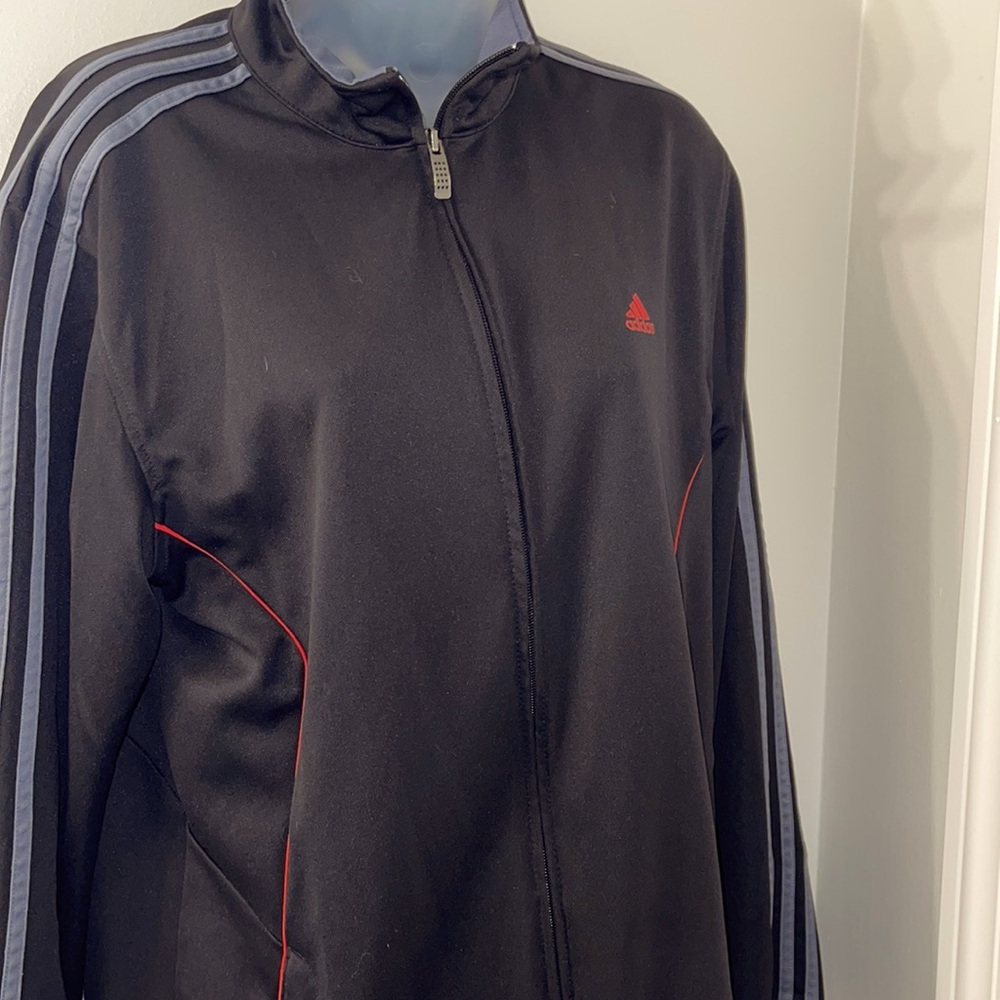 Adidas Climalite Mens M Jacket black with grey stripes and red adidas logo and
